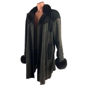 Vintage Fox Fur Trim Two Tone Leather Coat M-L